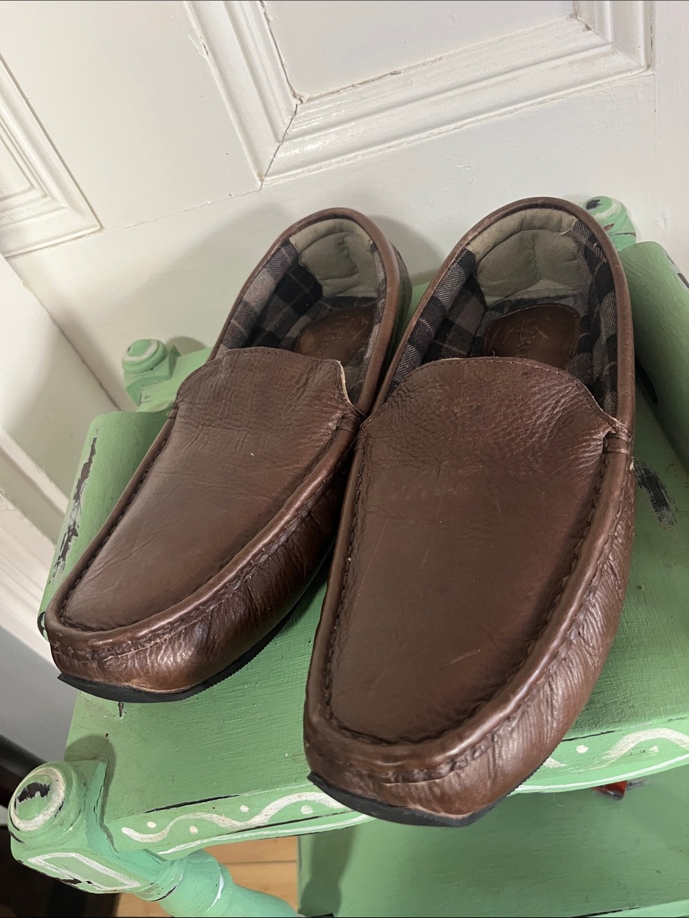 L.L. Bean Grand Lake Flannel Cushion Lined Leather Hard Sole Slippers 9